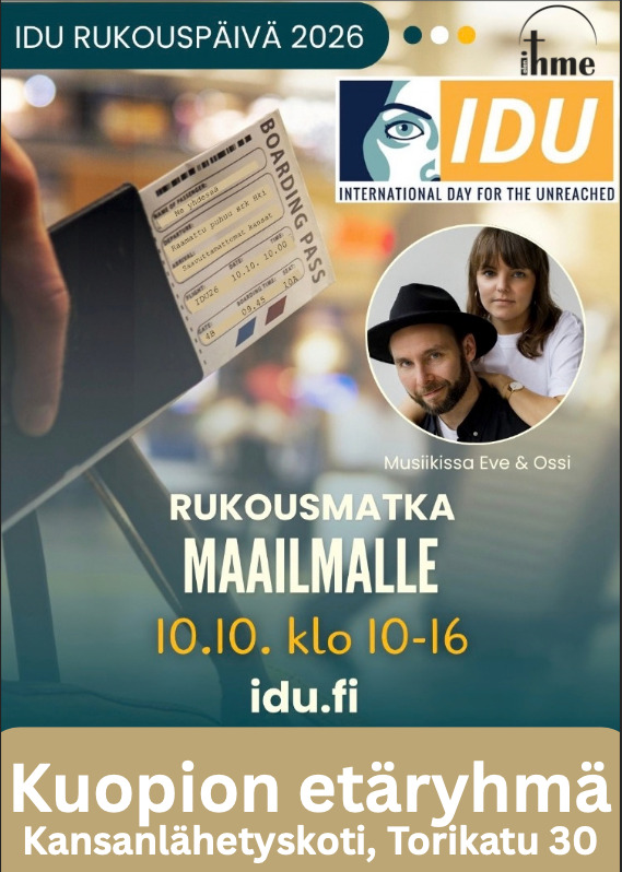 IDU Rukouspäivä 2026. Rukousmatka maailmalle 10.10.2026, etäryhmä Kuopion Lähetyskodilla